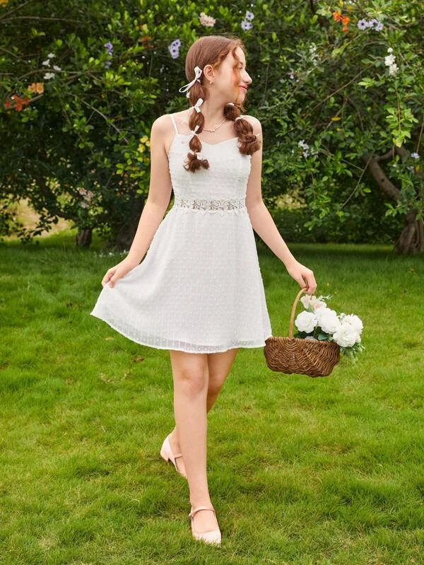 Chicas adolescentes Vestido de tirantes de lunares con encaje en contraste - Imagen 3