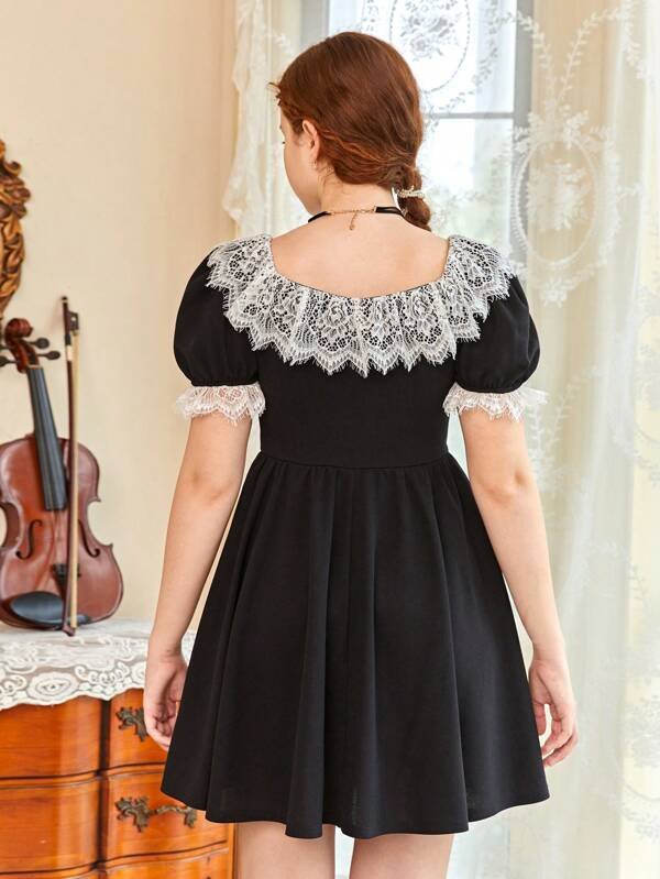 Chicas adolescentes Vestido con encaje en contraste con botón delantero de manga farol - Imagen 2