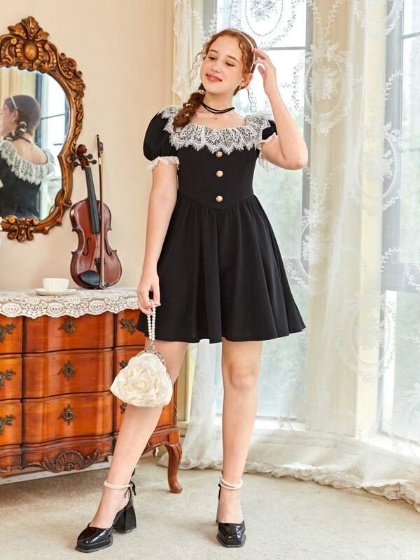 Chicas adolescentes Vestido con encaje en contraste con botón delantero de manga farol - Imagen 5