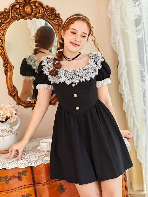 Chicas adolescentes Vestido con encaje en contraste con botón delantero de manga farol - Imagen 4