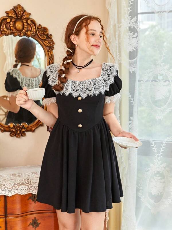 Chicas adolescentes Vestido con encaje en contraste con botón delantero de manga farol - Imagen 3