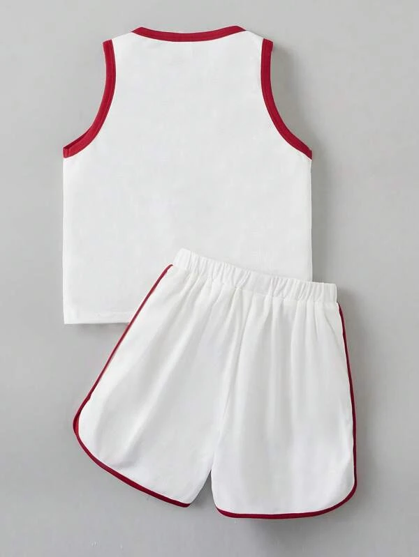 Niñito con estampado de letra unido en contraste Top tank & con cordón delantero Shorts - Imagen 2