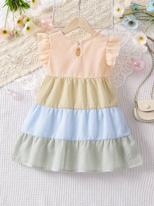 Niñas Vestido con estampado de rayas ribete con fruncido - Imagen 2