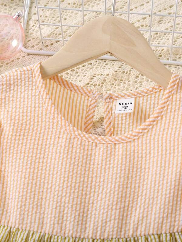 Niñas Vestido con estampado de rayas ribete con fruncido - Imagen 6