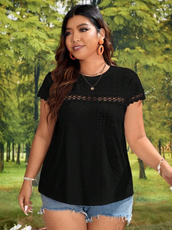 Talla grande Camiseta con encaje en contraste con bordado con ojal - Imagen 5