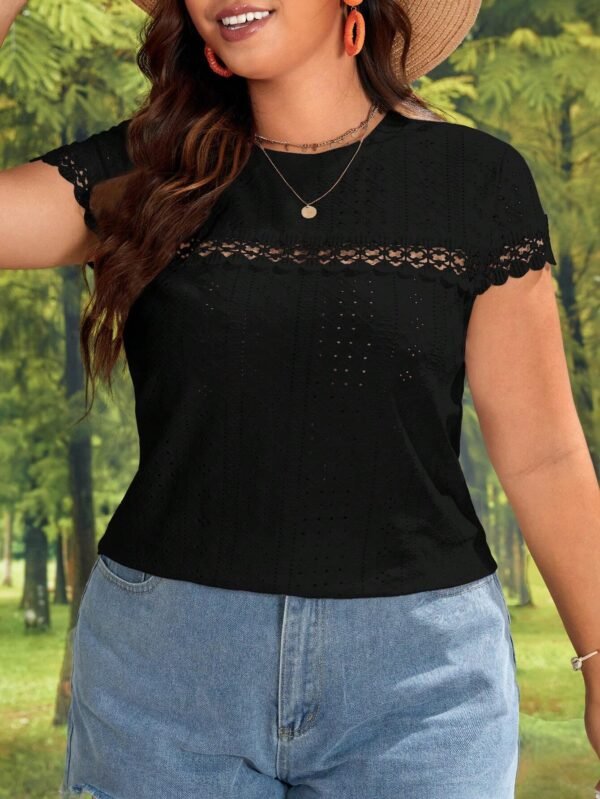 Talla grande Camiseta con encaje en contraste con bordado con ojal - Imagen 4