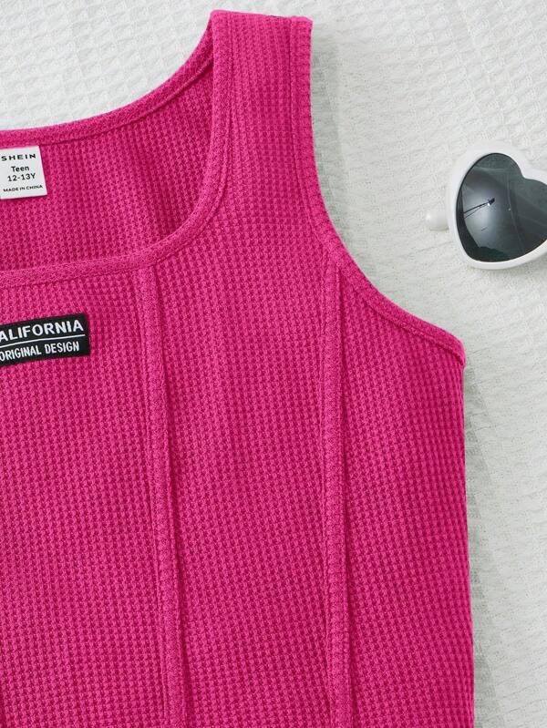 Chica adolescente Top tank con diseño de parche de letra bajo curvo - Imagen 4