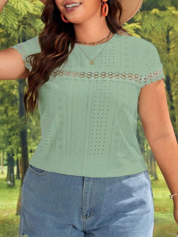 Talla grande Camiseta con encaje en contraste con bordado con ojal - Imagen 4