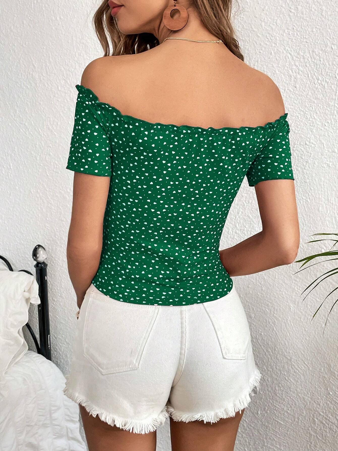 Camiseta con estampado de corazón de hombros descubiertos ribete en forma de lechuga - Imagen 2