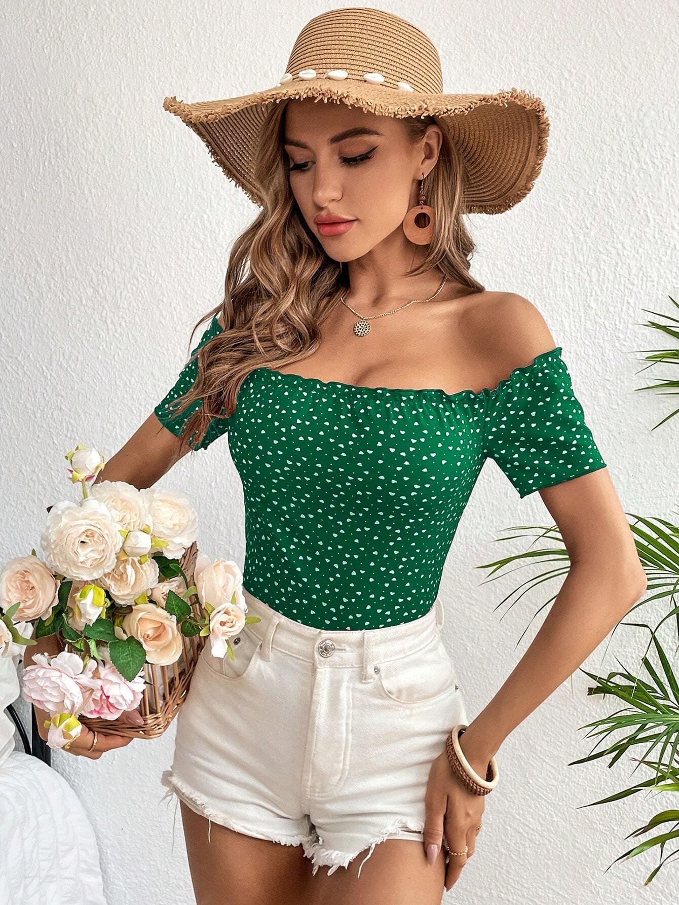 Camiseta con estampado de corazón de hombros descubiertos ribete en forma de lechuga - Imagen 4