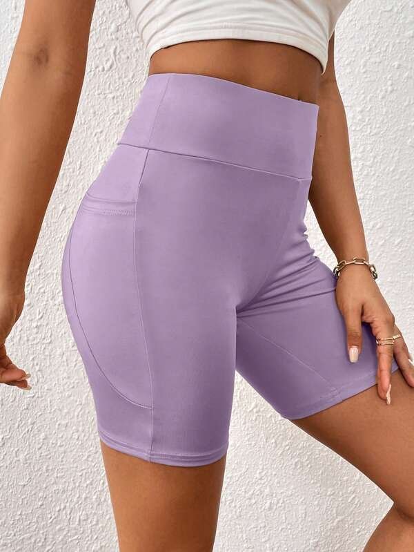 Shorts biker de cintura ancha con bolsillo para teléfono - Imagen 3