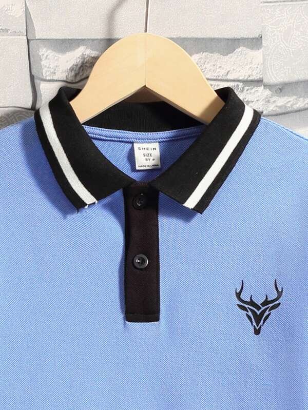 Chico preadolescente Camisa polo con estampado de ciervo de cuello en contraste - Imagen 2