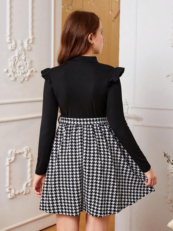 Chica adolescente Vestido con cinturón con estampado de pata de gallo ribete con fruncido - Imagen 2