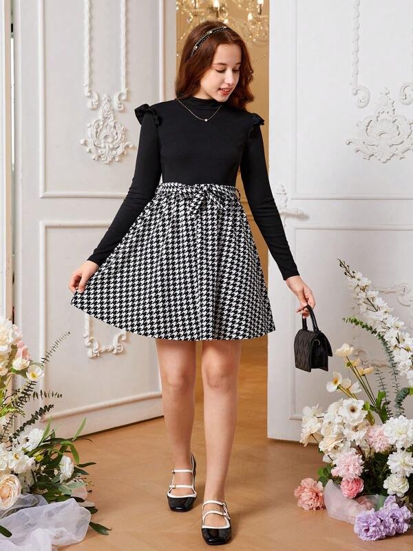 Chica adolescente Vestido con cinturón con estampado de pata de gallo ribete con fruncido - Imagen 4