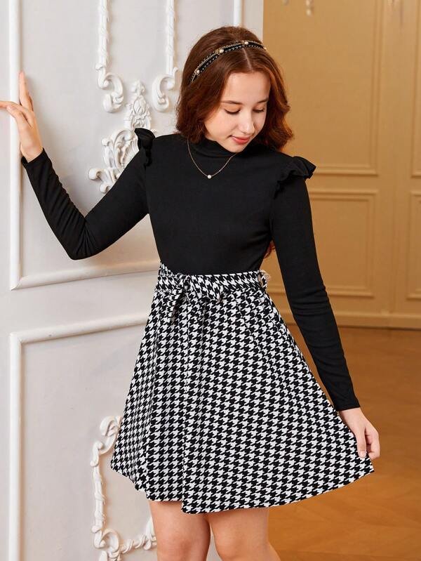 Chica adolescente Vestido con cinturón con estampado de pata de gallo ribete con fruncido - Imagen 3