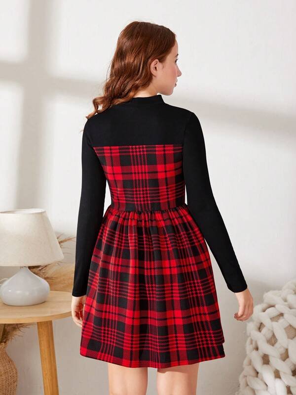 Chica adolescente Vestido con estampado de cuadros de cuello alto - Imagen 2