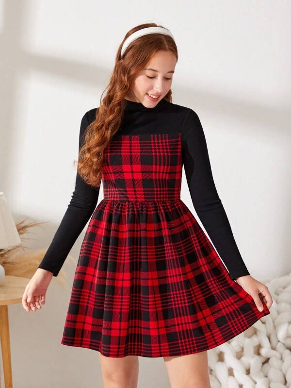 Chica adolescente Vestido con estampado de cuadros de cuello alto - Imagen 5