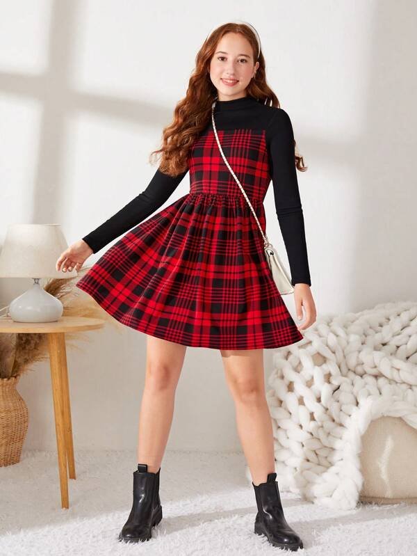 Chica adolescente Vestido con estampado de cuadros de cuello alto - Imagen 4