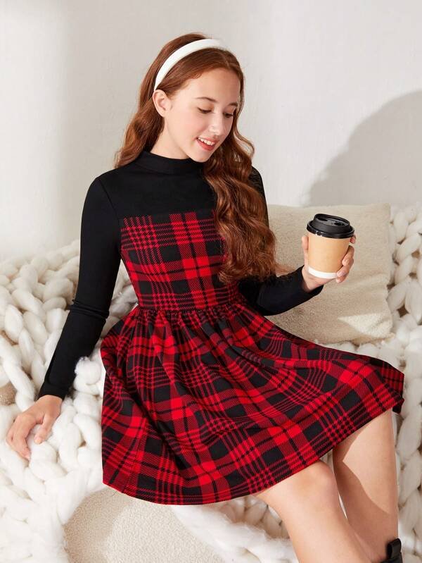 Chica adolescente Vestido con estampado de cuadros de cuello alto - Imagen 3