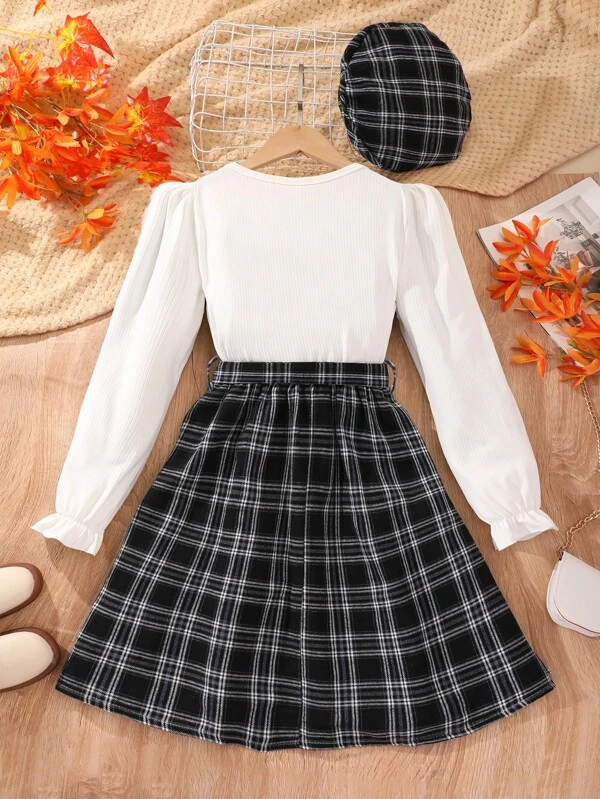 Chica adolescente Vestido 2 en 1 con estampado de cuadros de manga con volante & Sombrero - Imagen 2