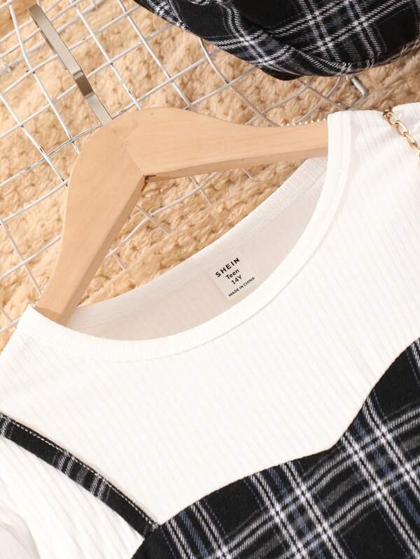 Chica adolescente Vestido 2 en 1 con estampado de cuadros de manga con volante & Sombrero - Imagen 8