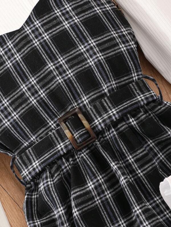 Chica adolescente Vestido 2 en 1 con estampado de cuadros de manga con volante & Sombrero - Imagen 5