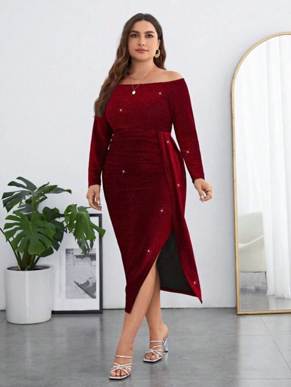 Vestido Maxi Con Hombros Descubiertos Y Pliegue Lateral - Imagen 5
