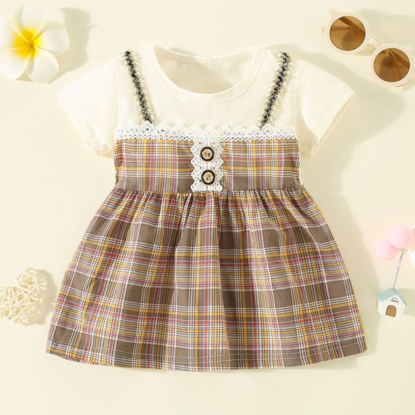 Vestido de manga corta con botones delanteros de retazos a cuadros de algodón puro para niñas pequeñas
