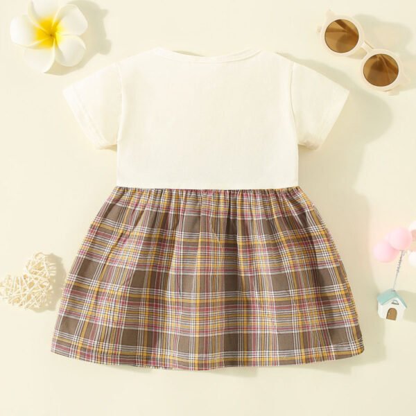 Vestido de manga corta con botones delanteros de retazos a cuadros de algodón puro para niñas pequeñas - Imagen 2