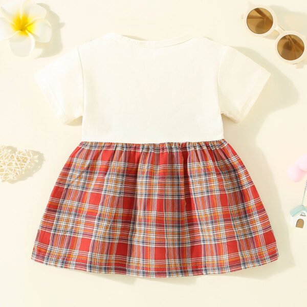 Vestido de manga corta con botones delanteros de retazos a cuadros de algodón puro para niñas pequeñas - Imagen 2