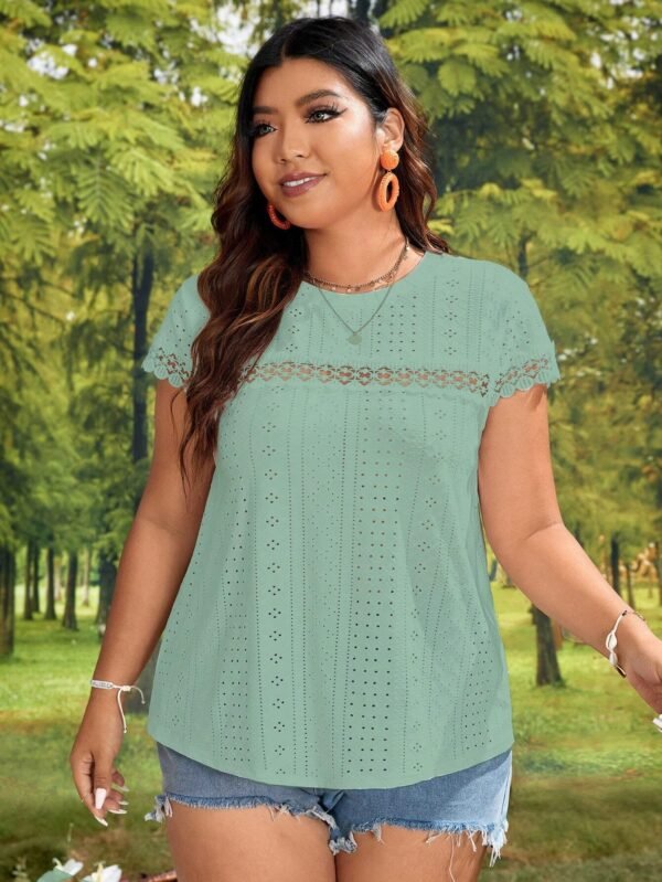 Talla grande Camiseta con encaje en contraste con bordado con ojal - Imagen 5