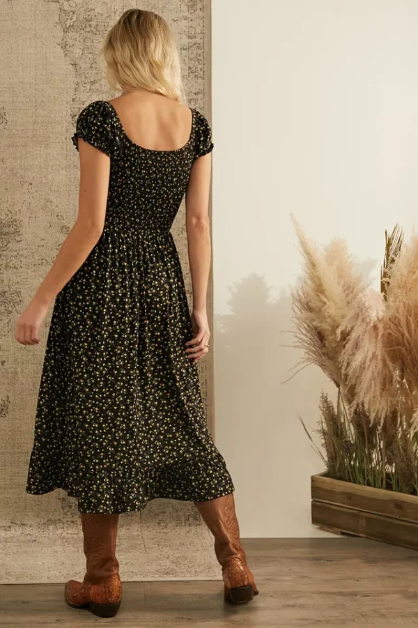 Vestido largo floral negro flores amarillas - Imagen 2