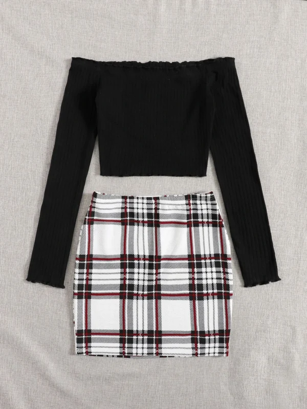 Conjunto camiseta de borde en forma de lechuga de hombros descubiertos con falda - Imagen 2