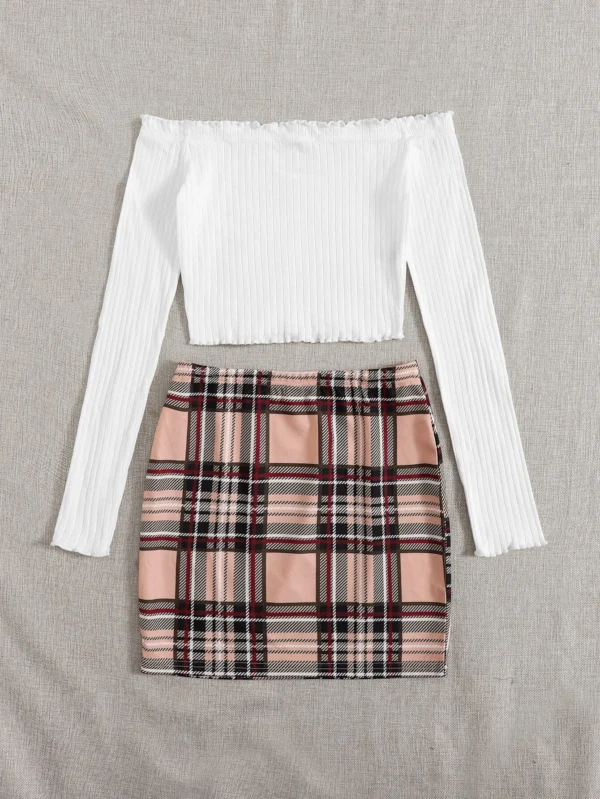 Conjunto camiseta de borde en forma de lechuga de hombros descubiertos con falda - Imagen 2