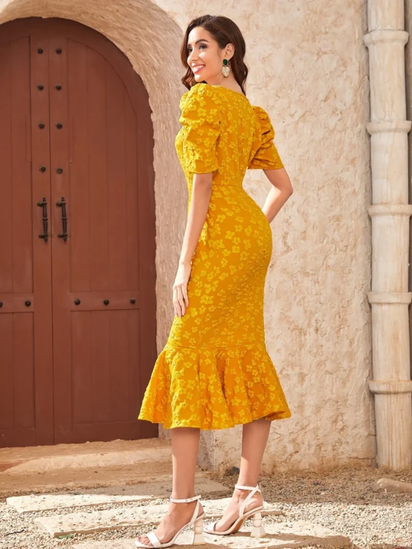 Vestido floral jacquard de manga farol bajo sirena - Imagen 2