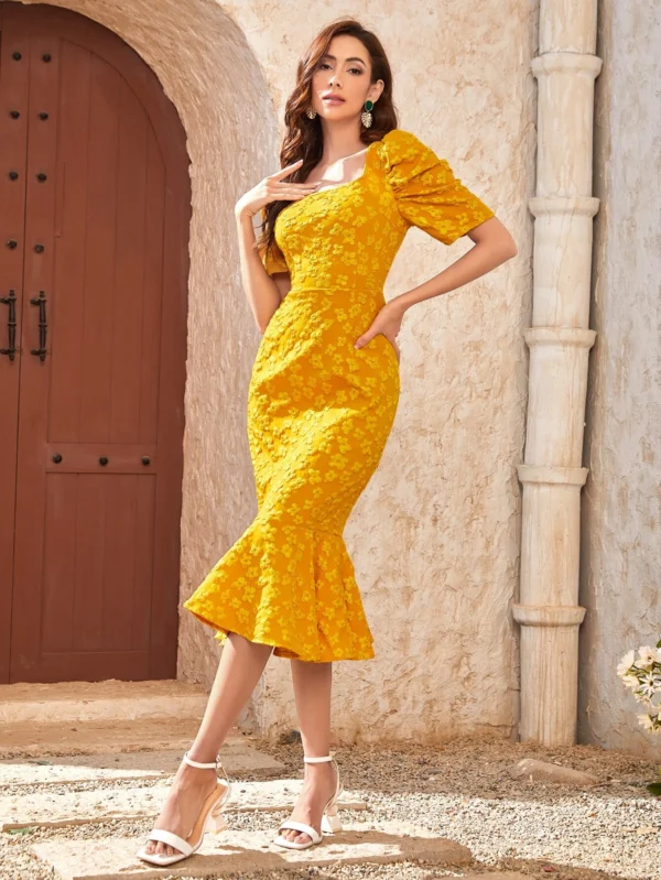Vestido floral jacquard de manga farol bajo sirena - Imagen 3