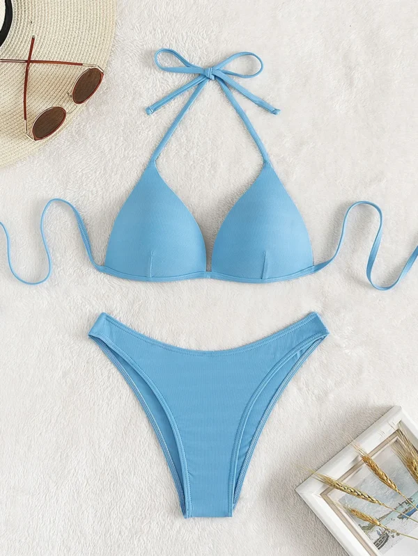 Bañador bikini push up de canalé con cordón trasero halter - Imagen 3