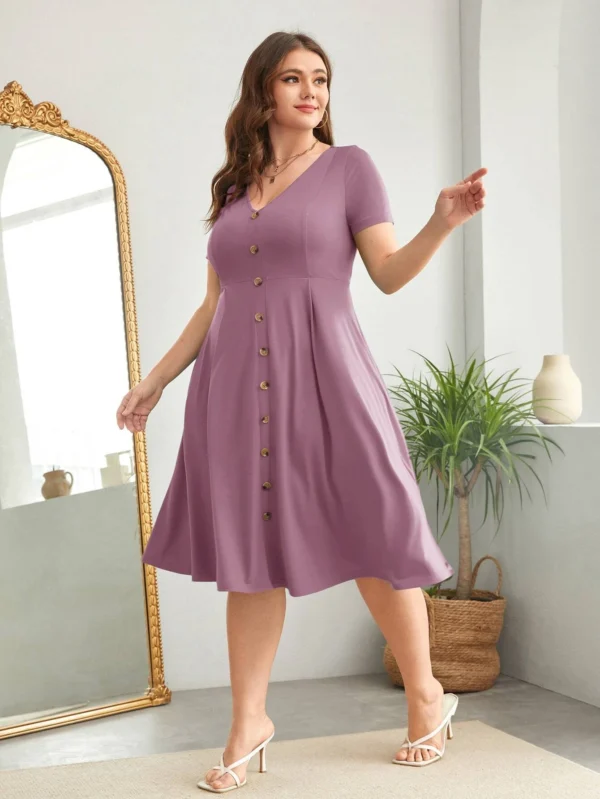 Vestido línea A con botón falso de talle alto - Imagen 5
