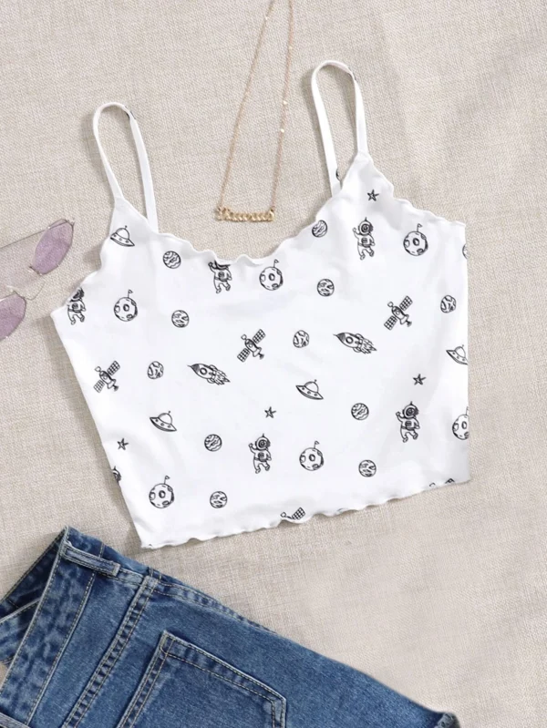 Top de tirantes con estampado de dibujos animados ribete en forma de lechuga