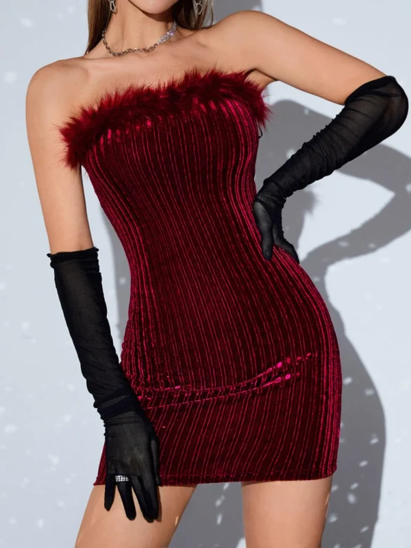 Vestido ajustado tubo ribete lanudo de terciopelo - Imagen 3
