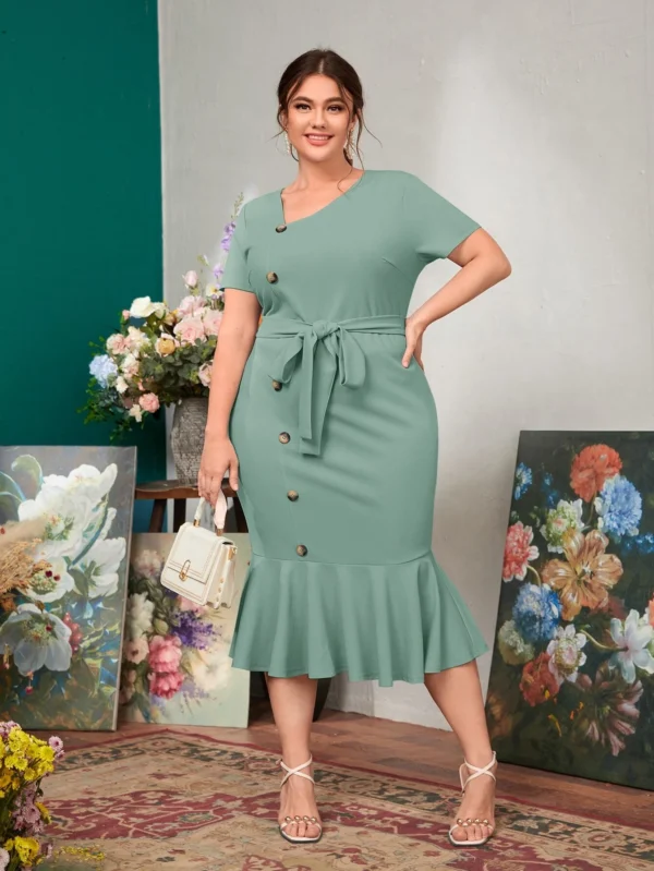 Vestido con cinturón bajo sirena con botón delantero - Imagen 4