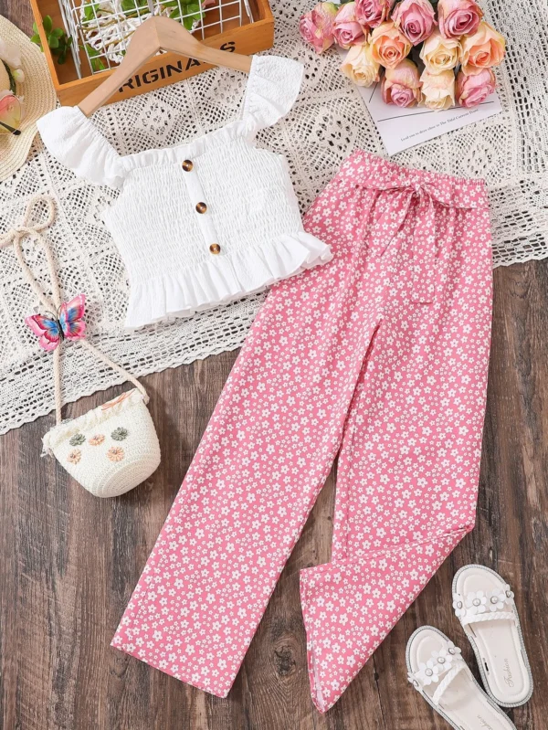 Ribete con fruncido con fruncido Top & con estampado floral con cinturón Pantalones - Imagen 4