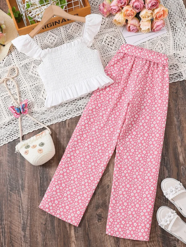 Ribete con fruncido con fruncido Top & con estampado floral con cinturón Pantalones - Imagen 2
