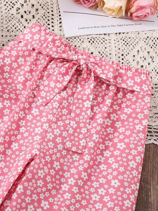 Ribete con fruncido con fruncido Top & con estampado floral con cinturón Pantalones - Imagen 3