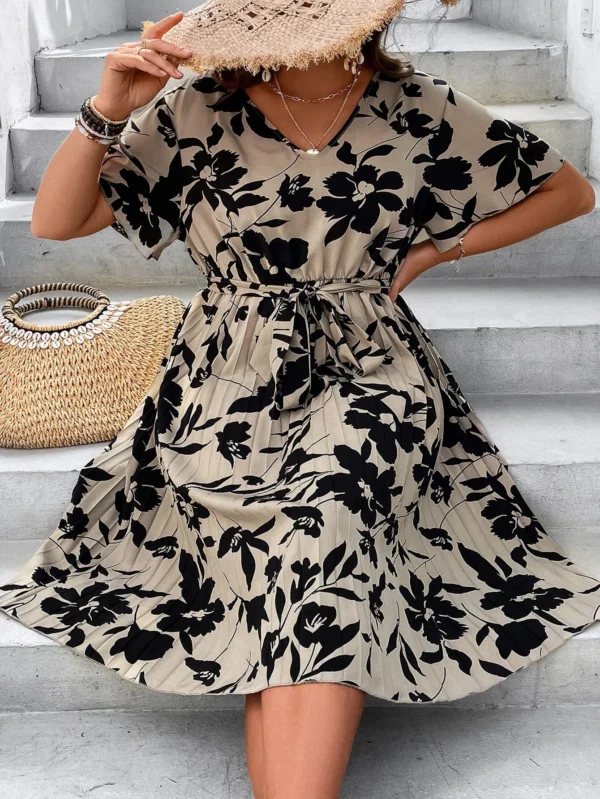 Vestido con estampado floral con cinturón bajo fruncido - Imagen 4