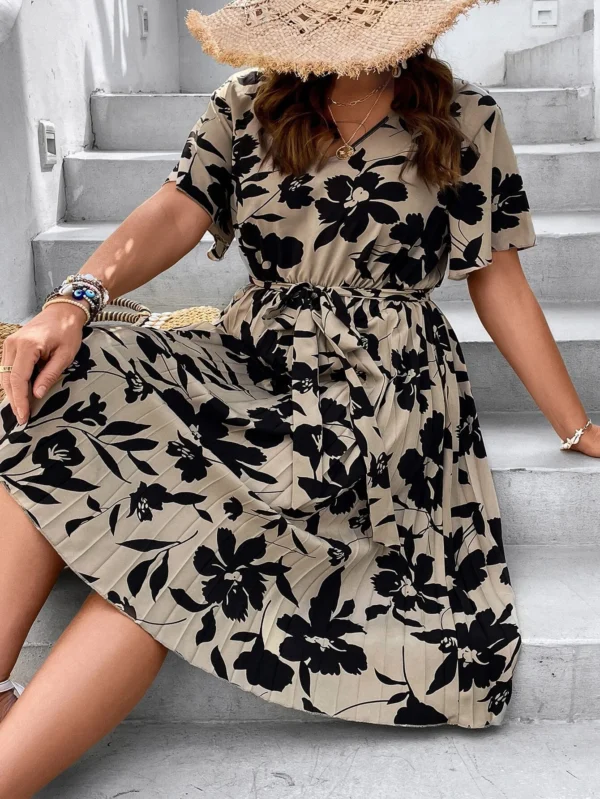 Vestido con estampado floral con cinturón bajo fruncido - Imagen 3