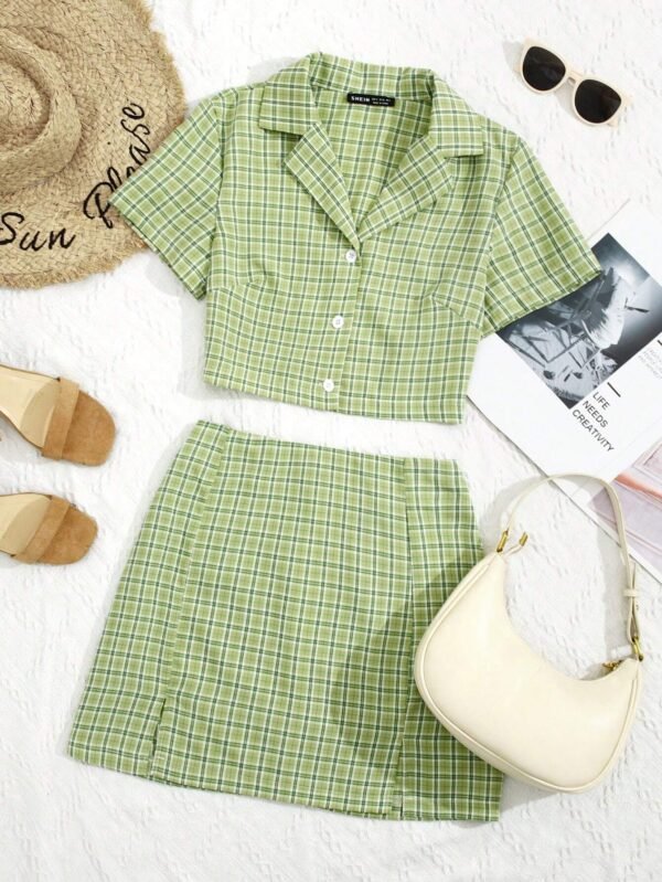 Qutie con estampado de cuadros de cuello con solapa Camisa crop & Falda bajo con abertura