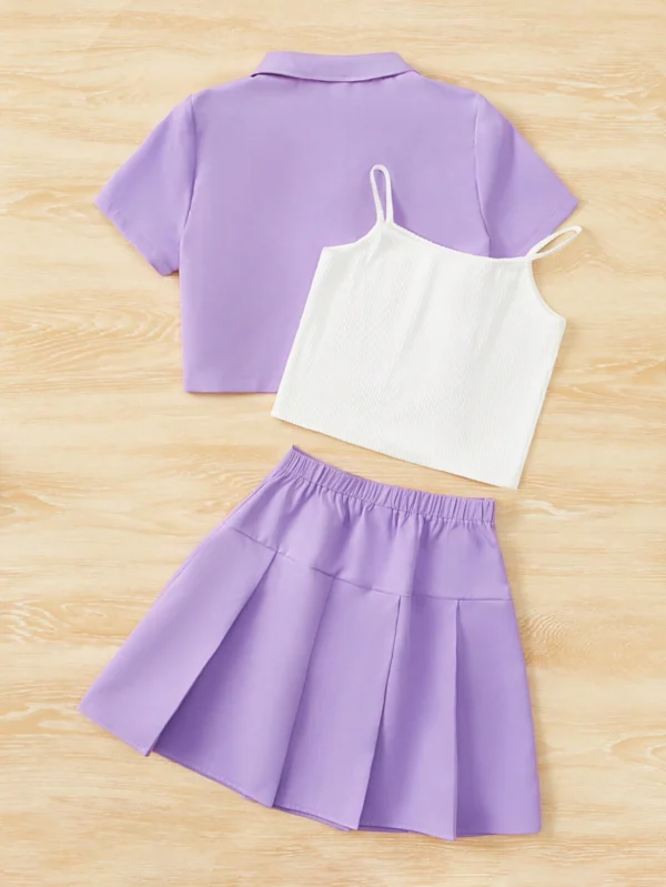 Top de tirantes unicolor & Falda fruncido & Blusa con botón - Imagen 2