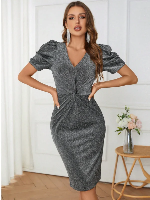 Vestido ajustado girante delantero de manga farol brillante - Imagen 3