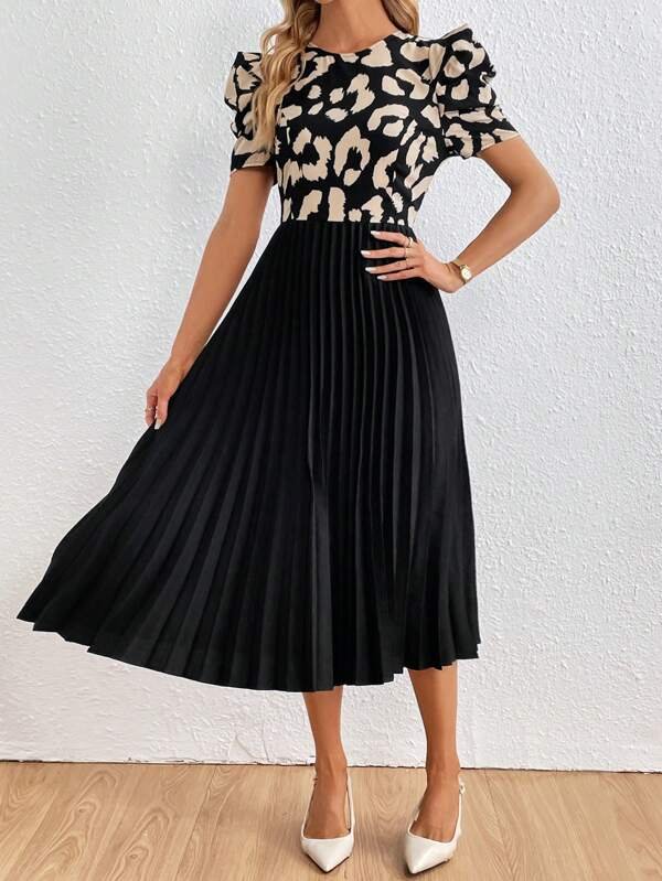 Vestido con estampado de leopardo de manga farol bajo fruncido - Imagen 3